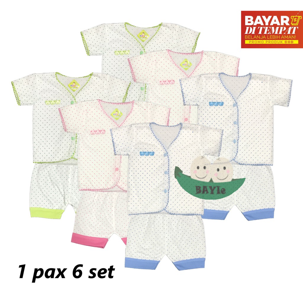 BAYIe - 6 SET Setelan Baju Bayi/Anak Pendek+Celana Pendek Motif POLKADOT 0-3 bulan Bahan Katun TC