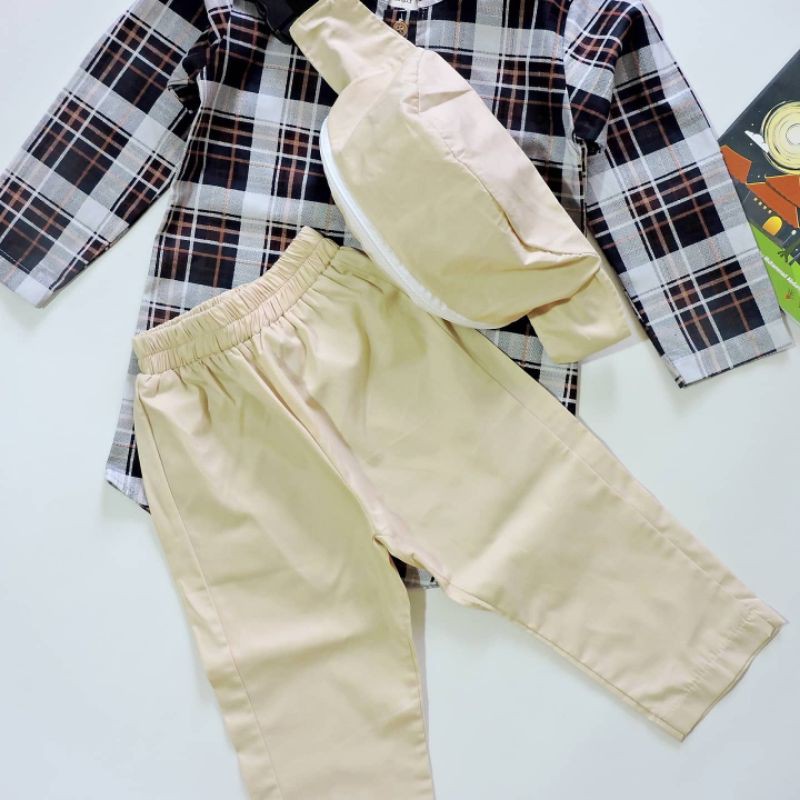 SETELAN KURTA ANAK TARTAN FREE SLING BAG KEREN BAJU KOKO PAKISTAN LEBARAN ANAK COWOK LENGAN PANJANG