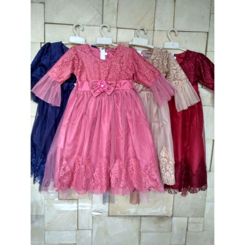 Gaun anak brokat + tile baju pesta anak perempuan dress anak baju muslim anak cewek 3-11 tahun Dress
