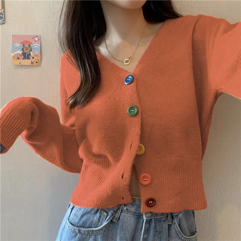 Pakaian Wanita Cardigan Rajut Halus BUTTON RAINBOW Cardy