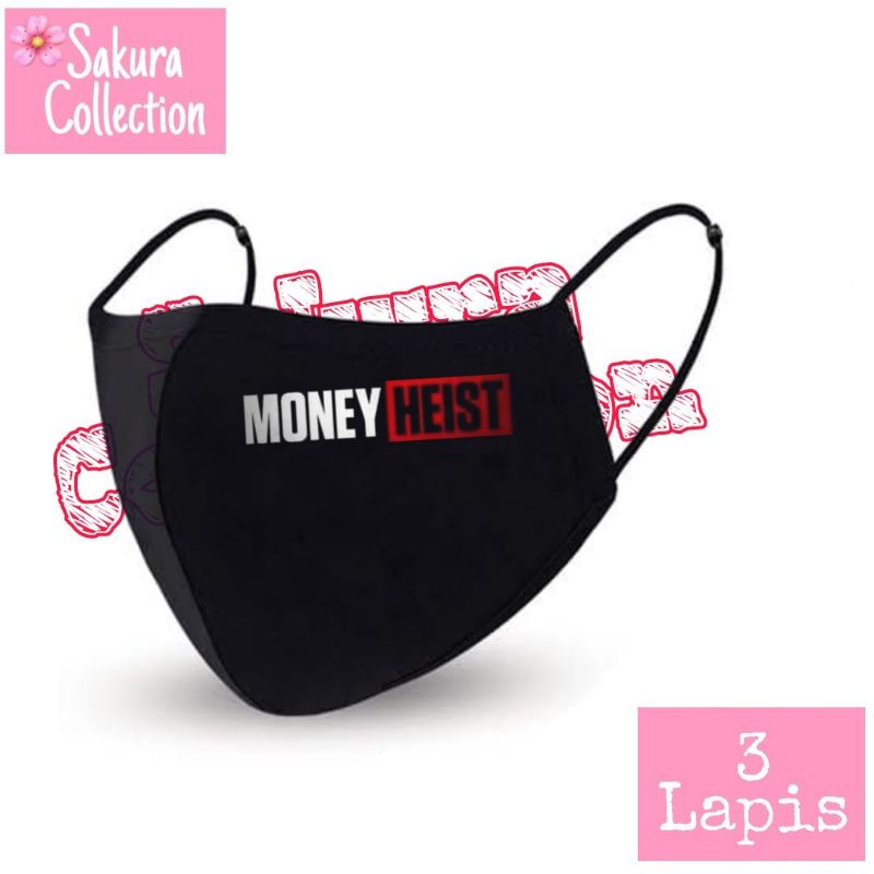 Masker kain 3 lapis - MONEY HEIST - LA CASA DE PAPEL - LA CASA DE QUARANTINE / EARLOOP HITAM 3PLY