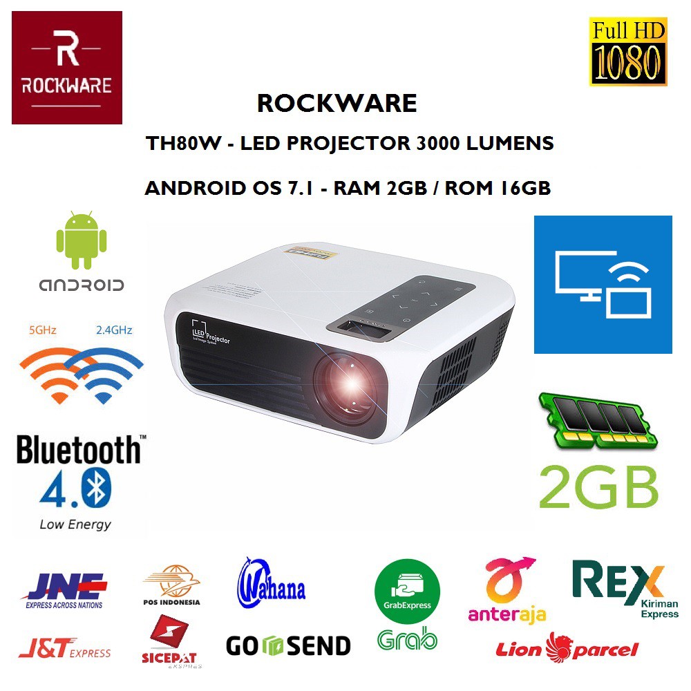 ROCKWARE TH80W - LED Full HD Projector 3000 Lumens with Android 7.1 - Proyektor 3000 Lumens Android