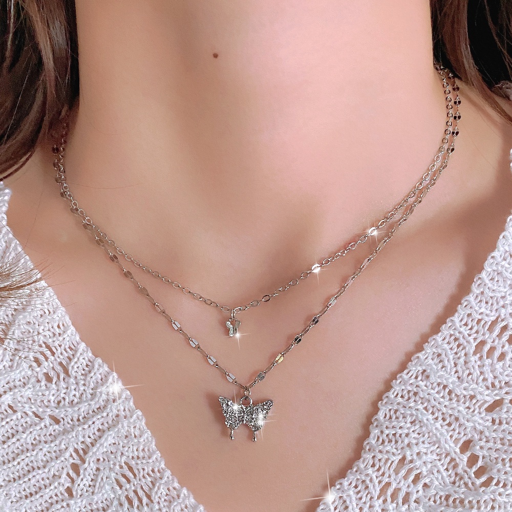 Kalung Choker Kristal Double Layer Dengan Liontin Butterfly Untuk Wanita