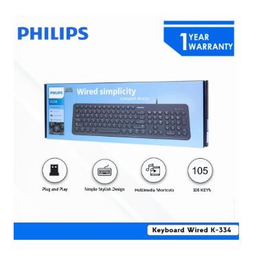 Keyboard philips wired usb 2.0 membrane 105 keys fullsize multimedia for office gaming pc laptop k-344 k334