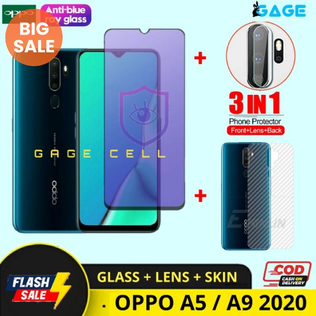 PROMOS 3 IN 1 TEMPERED GLASS ANTI RADIASI BLUE LIGHT OPPO A5 A9 2020 FULL SCREEN GUARD