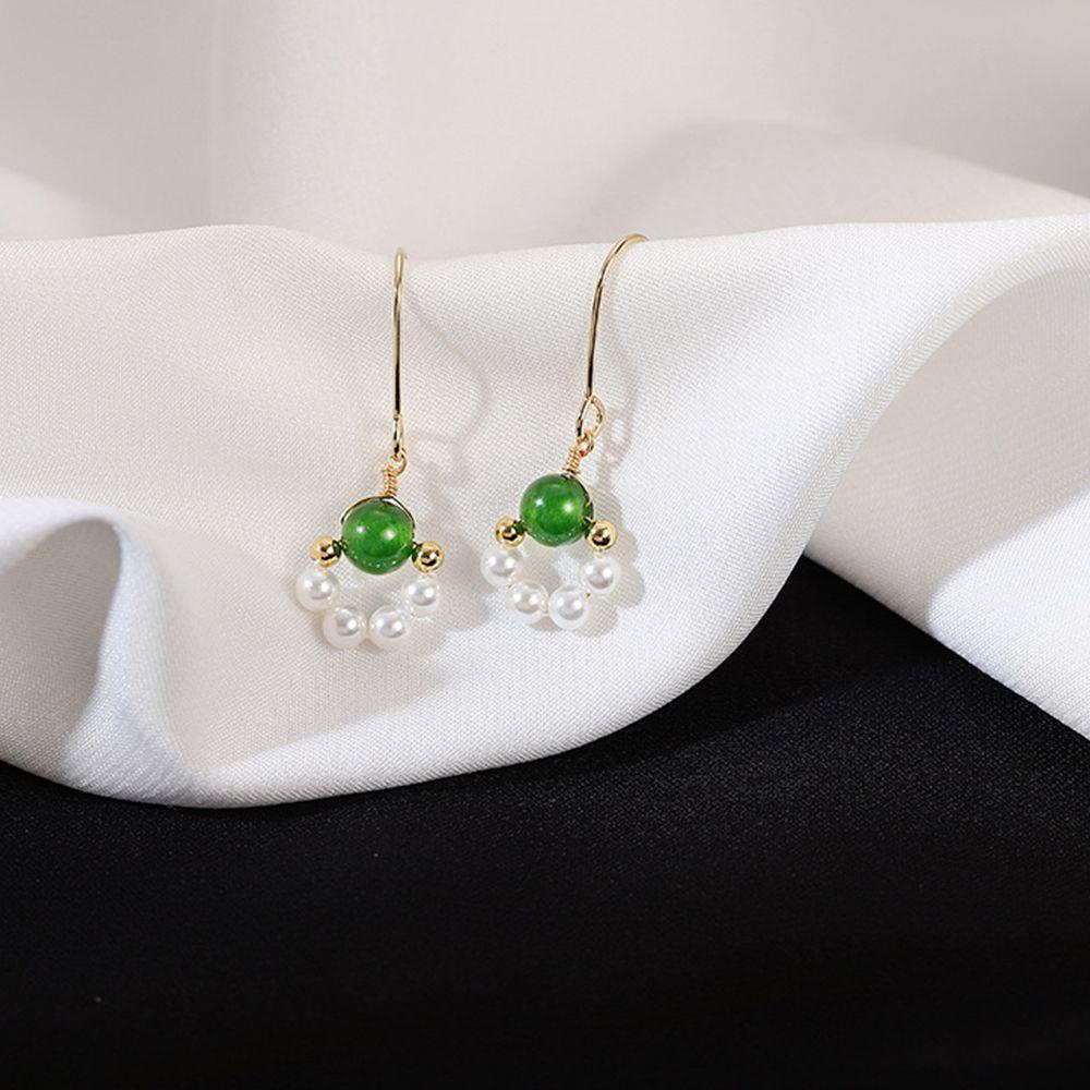 Mxbeauty Anting Wanita Warna Solid Manis Pesta Fashion Desain Manik Hijau Tembaga Mutiara Menjuntai Earrings