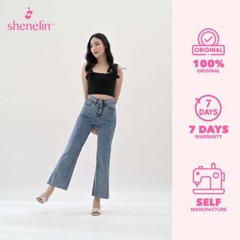 Shenelin celana jeans wanita highwaist kekinian panjang Unfinished Tabitha