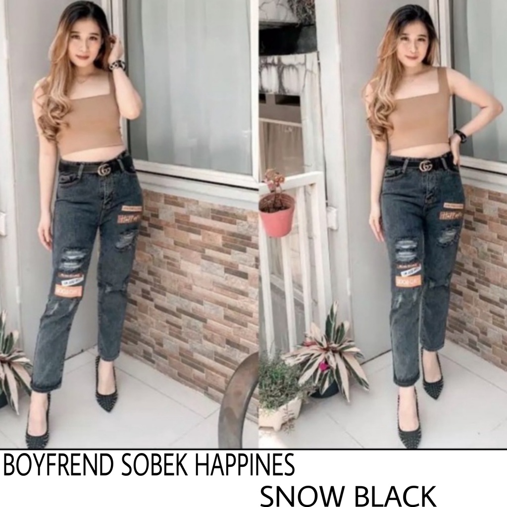 YAOSHI STORE - Celana Highwaist Boyfriend Jeans Wanita - Boyfriend Ripped Happines (LAPIS FURING)