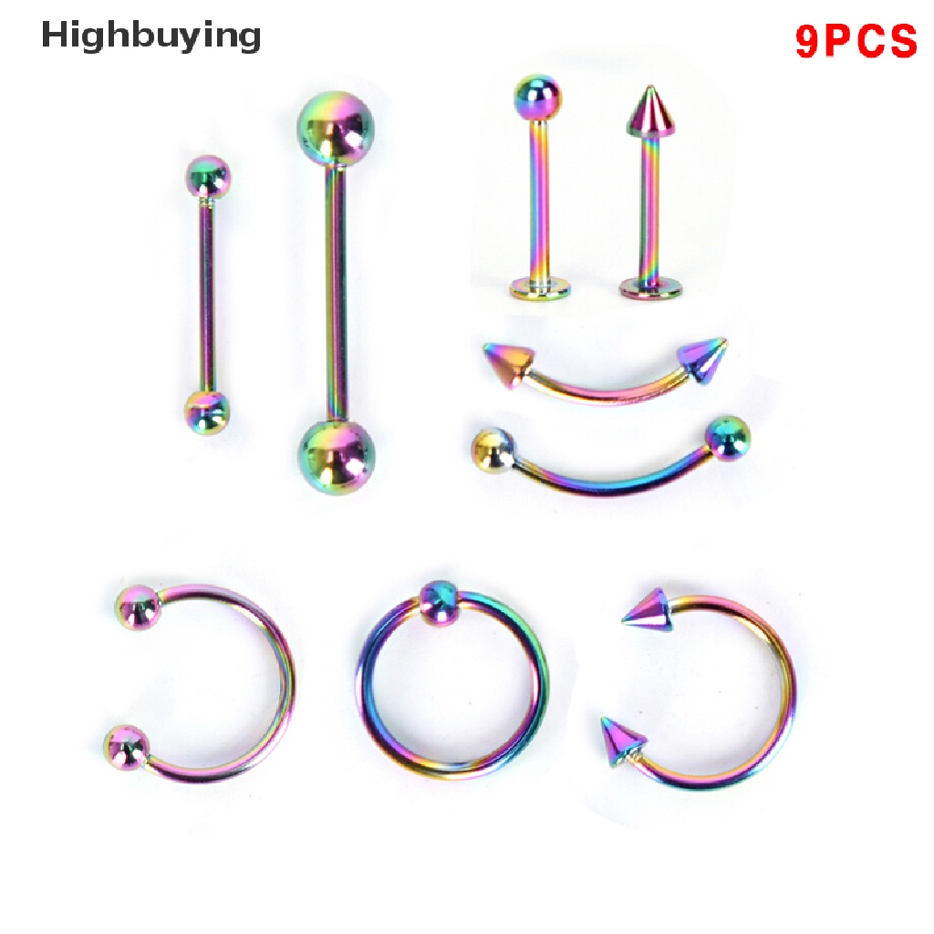 Hbid 9Pcs Anting Tindik Alis / Bibir / Hidung / Tubuh Bentuk Barbel Bahan Stainless Steel Glory