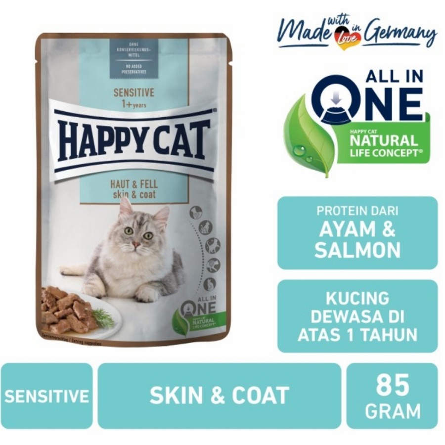 POUCH HAPPY CAT MAKANAN BASAH KUCING SENSITIVE - SKIN &amp; COAT