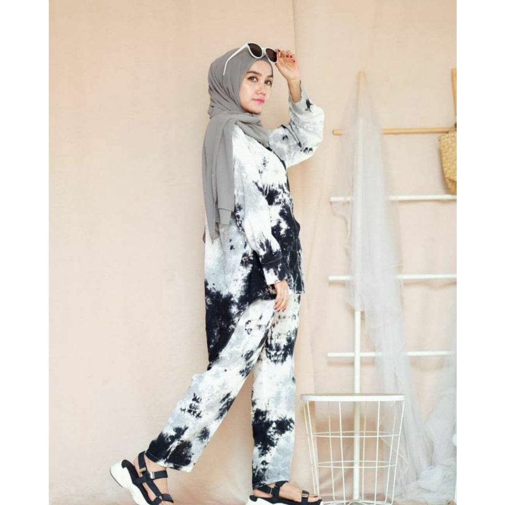 Cow Set - One Set Wanita Rayon Premium Setelan Wanita Tie Dye Lengan Panjang Set Wanita Kekinian LD 110 cm