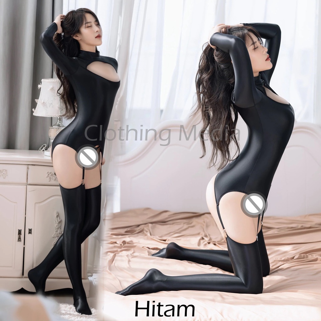 Bodysuit Silky Set Baju Dada Terbuka Stocking Garter Warna Halus Elastis