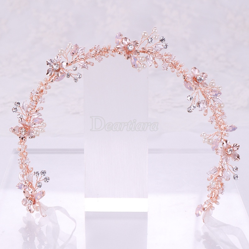 Bando Tiara Handmade Desain Bunga Rose Gold Hias Kristal Mutiara Untuk Pengantin Wanita