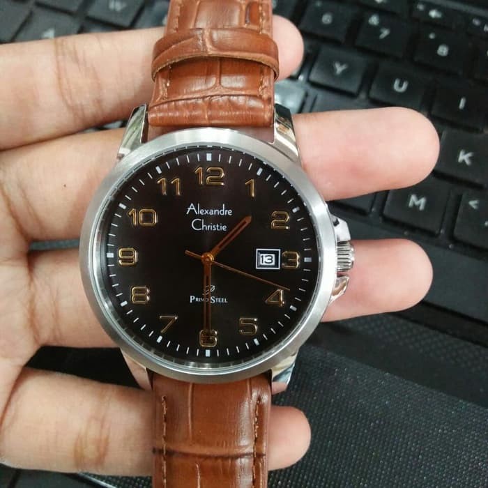 JUAL JAM TANGAN ASLI  ALEXANDRE CHRISTIE AC 1008 PRIA SILVER BLACK LEATHER BROWN ORIGINAL  I