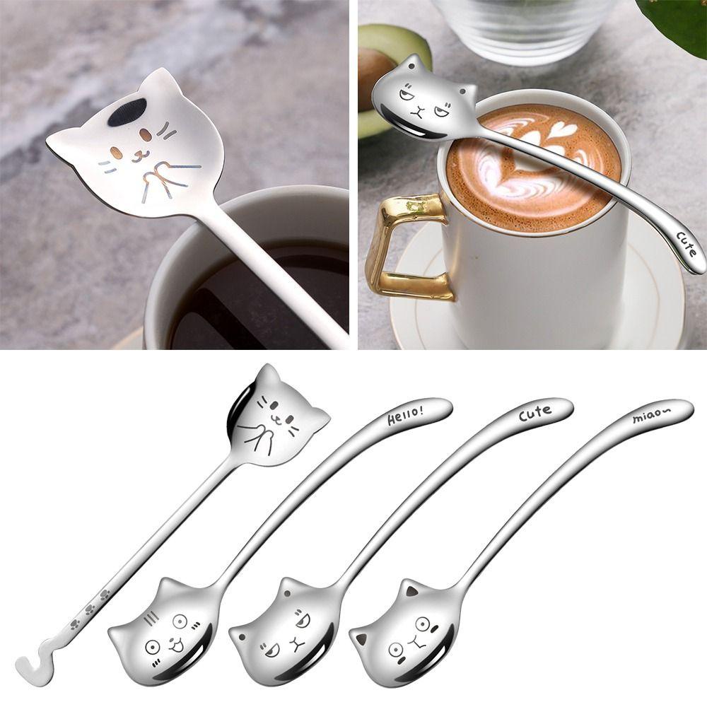 Solighter 2Pcs Dessert Spoon Kucing Lucu Stainless Steel Sendok Teh Kreatif Spoon