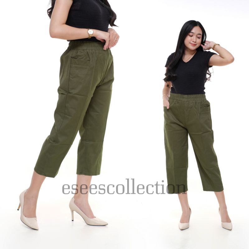 Celana wanita kulot 7/9 korean crops catton combed willow pants || celana katun wanita 7/9 pinggang karet celana wanita seperempat melar tebal