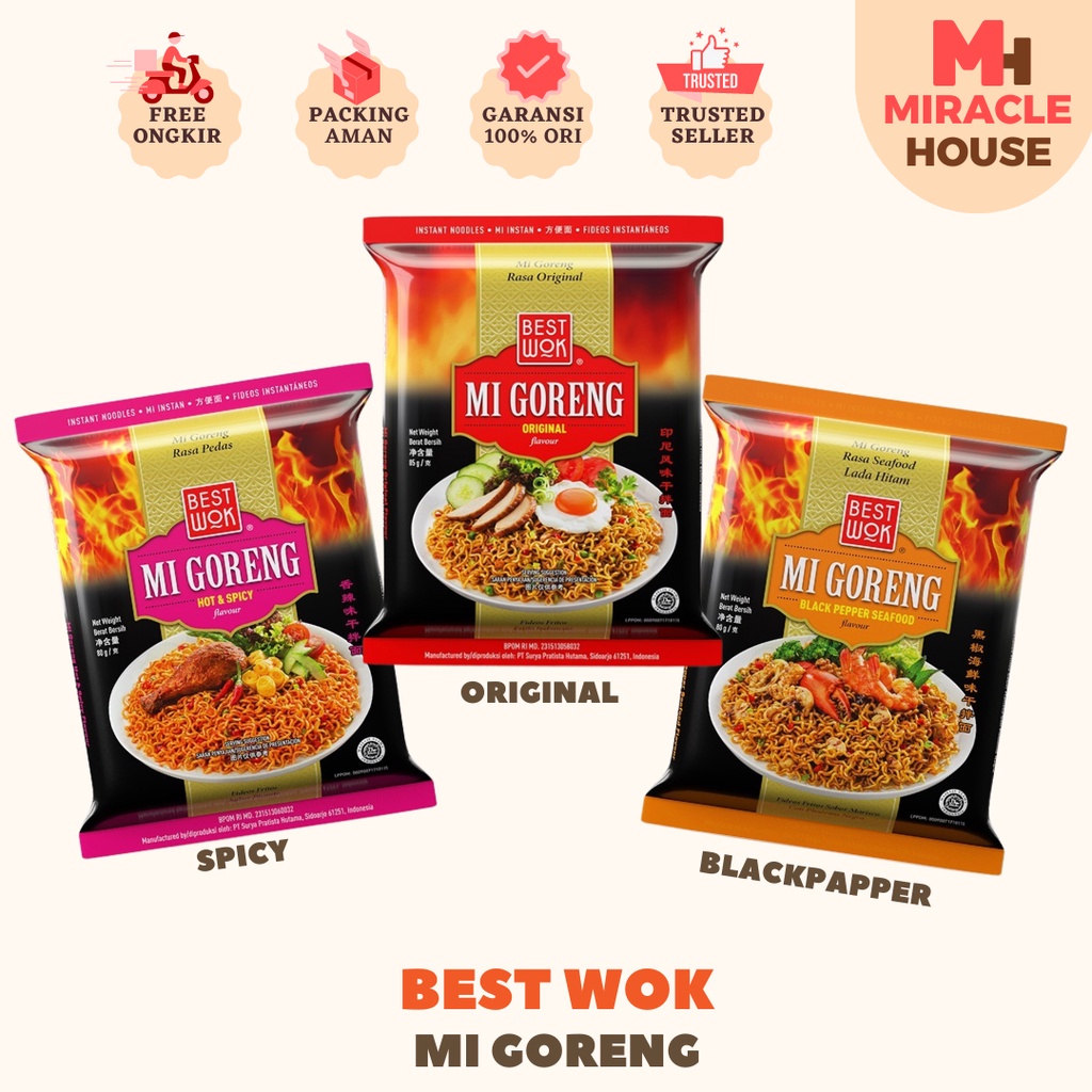 Best Wok Mi Mie Goreng Original Hot & Spicy Blackpepper Black Pepper Seafood Instant Noodle 85gr Bes