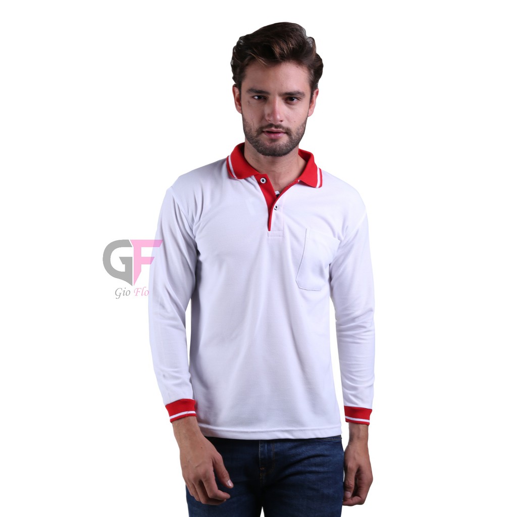 GIOFLO Polo Shirt Panjang Atasan Pria Keren Putih Kerah Merah / PLS 50