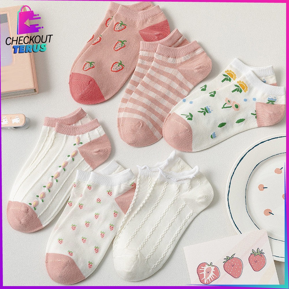 CT P189 Kaus Kaki Pendek Semata Kaki Wanita Motif Stroberi Bunga Fashion Korea Kaos Kaki Wanita Style