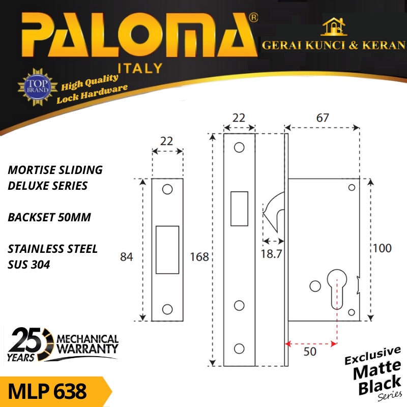 PALOMA MLP 638 BODY KUNCI SLIDING DELUXE 50 MM BLACK MATTE HITAM