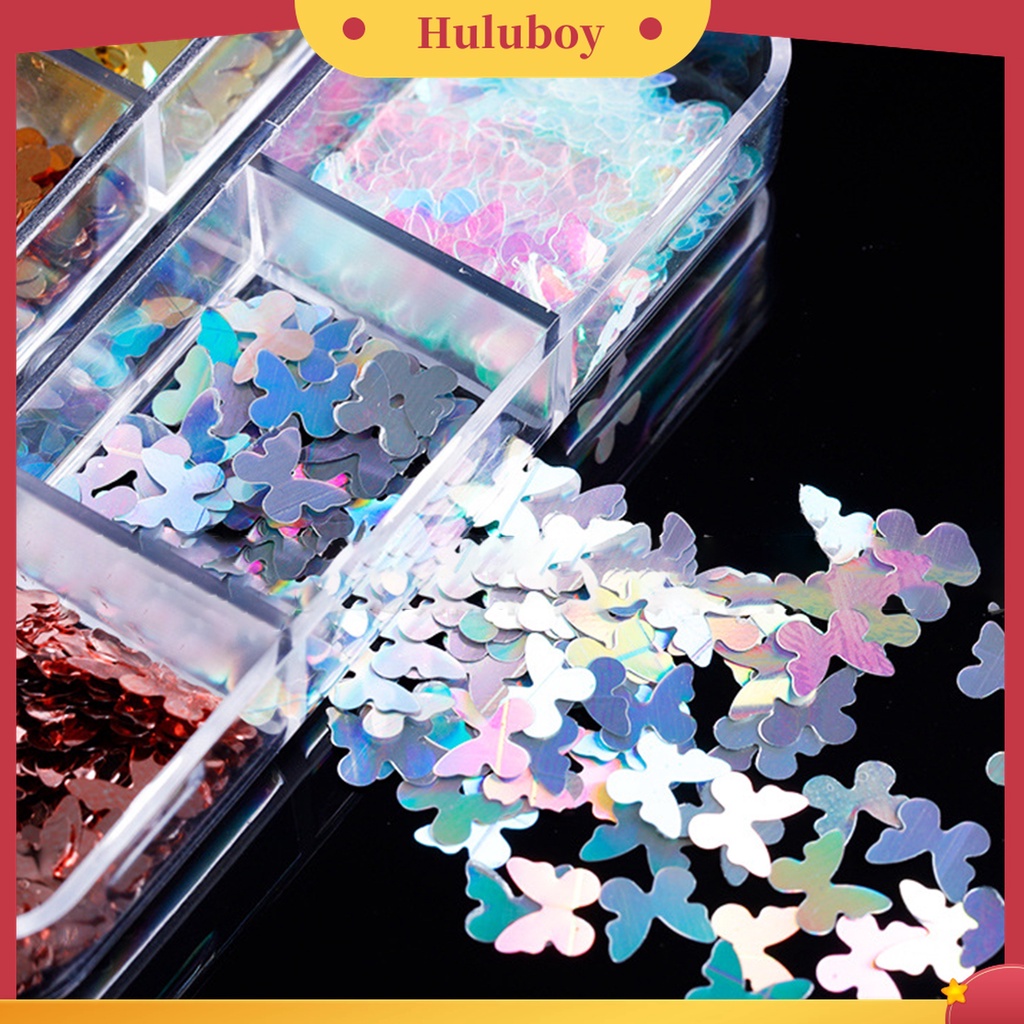 Huluboy Huluboy♡ 6 Grid / Kotak Sequin Bentuk Kupu-Kupu Untuk Nail Art Butterfly