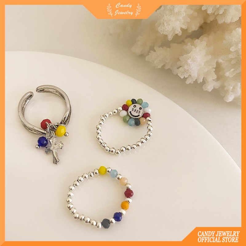 Cincin Manik-Manik Desain Smiley Warna Permen Untuk Wanita