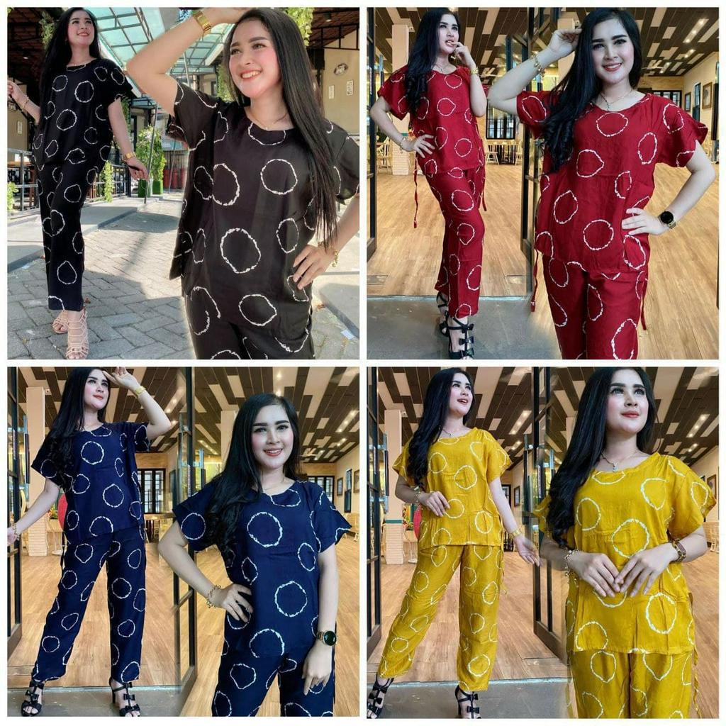 Cincin Set - One Set Wanita Jumbo Rayon Premium Setelan Wanita Batik Lengan Pendek Set Celana LD 140 cm