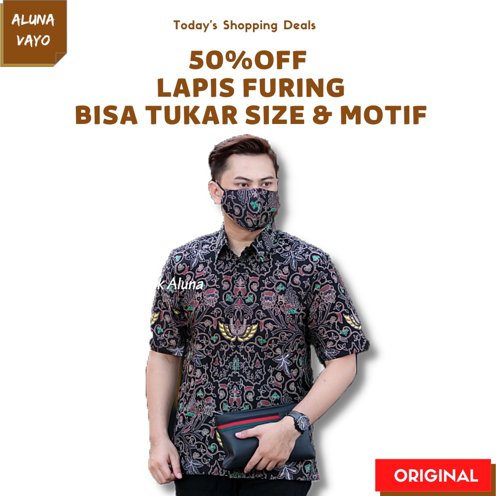 Baju Kemeja Kameja Atasan Hem Pakaian Batik Pria Lengan Pendek Kekinian Set Abu Aluna Ungu Original 