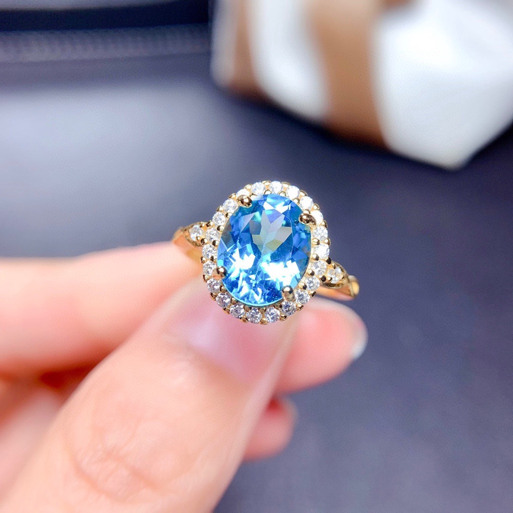 Cincin Batu Permata Biru Berlapis Emas Perak 925 Wanita