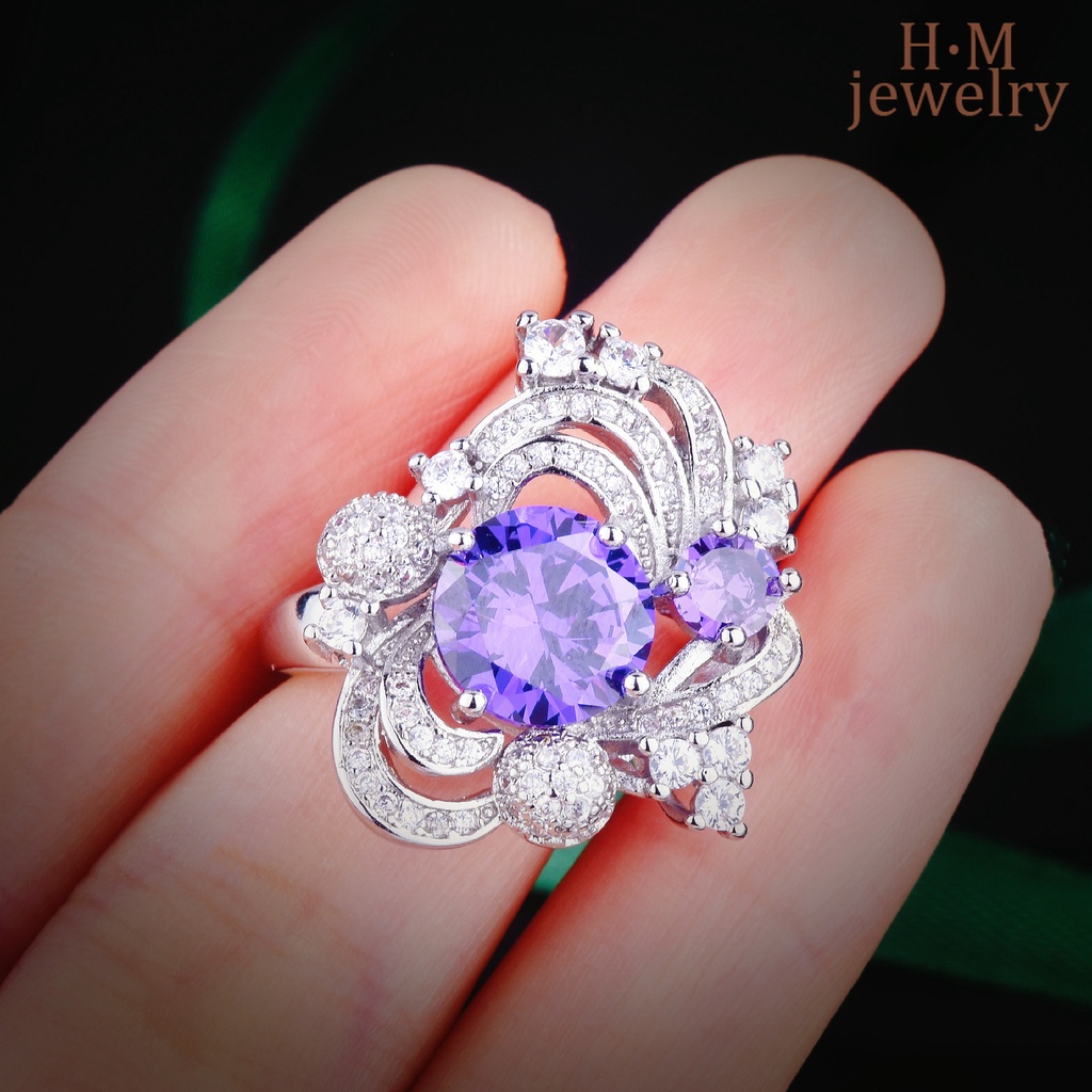 Cincin Berlian Amethyst Ascut Warna Kuning Model Terbuka