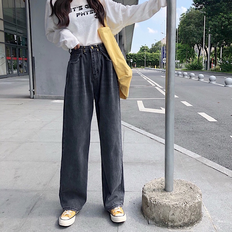 Kancing wanita Salju hitam dan abu-abu baru Korea Selatan jeans longgar berkaki lebar