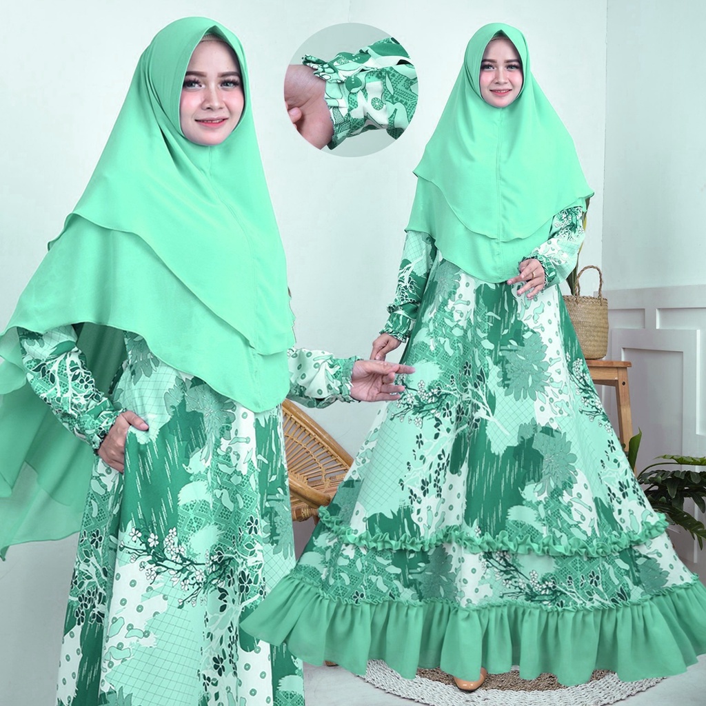 gamis syarii monalisa premium mix seruty bebydoll  set khimar seruty bebydoll 2 layer