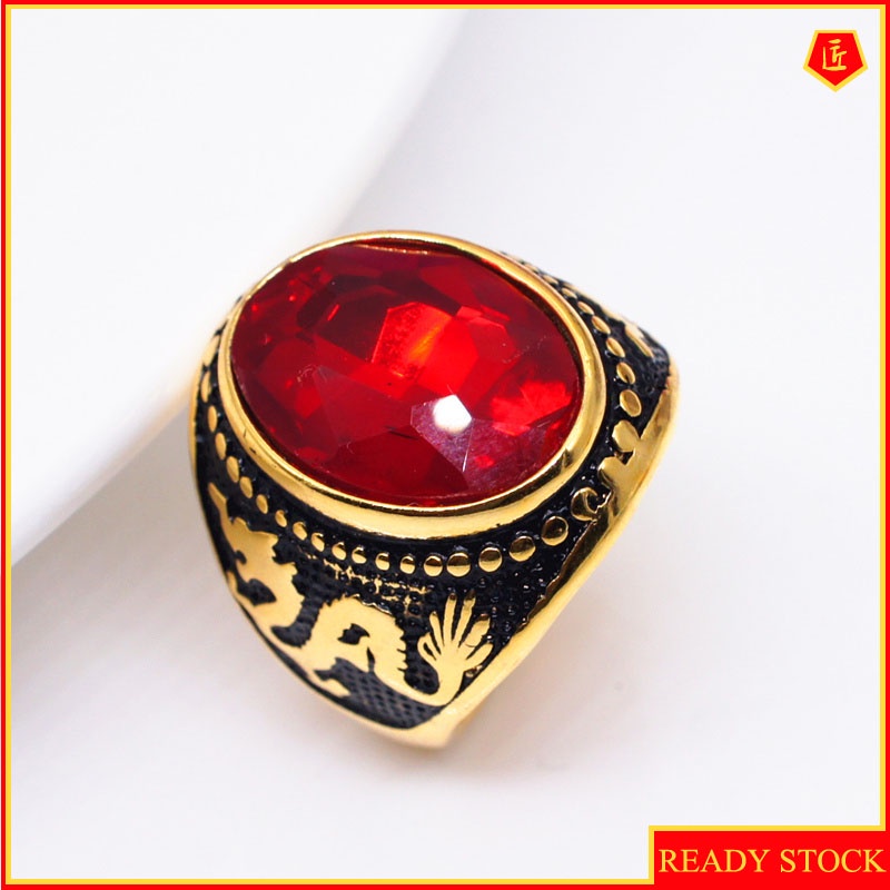 [Ready Stock]Retro Oval Dragon Pattern Gold Ring Retro