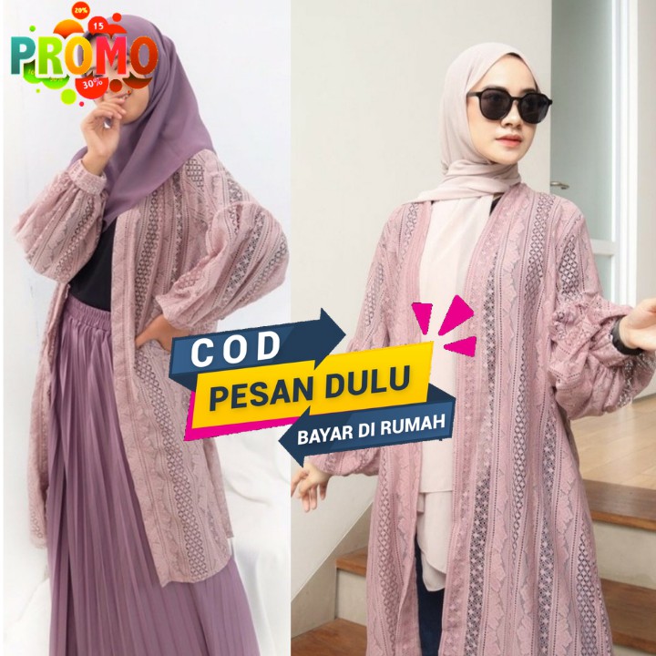 LONG OUTER CARDIGAN LACE - KARDIGAN BROKAT PANJANG LENGAN BALON