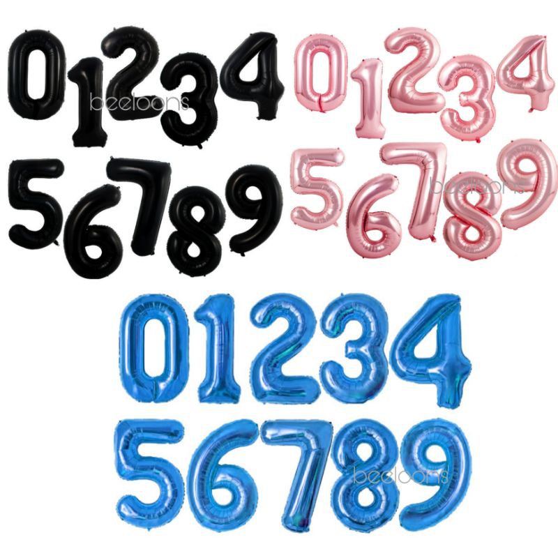 Balon Foil Angka 100 cm Jumbo / Balon Angka hitam Pink Biru 40 inch / Balon Angka