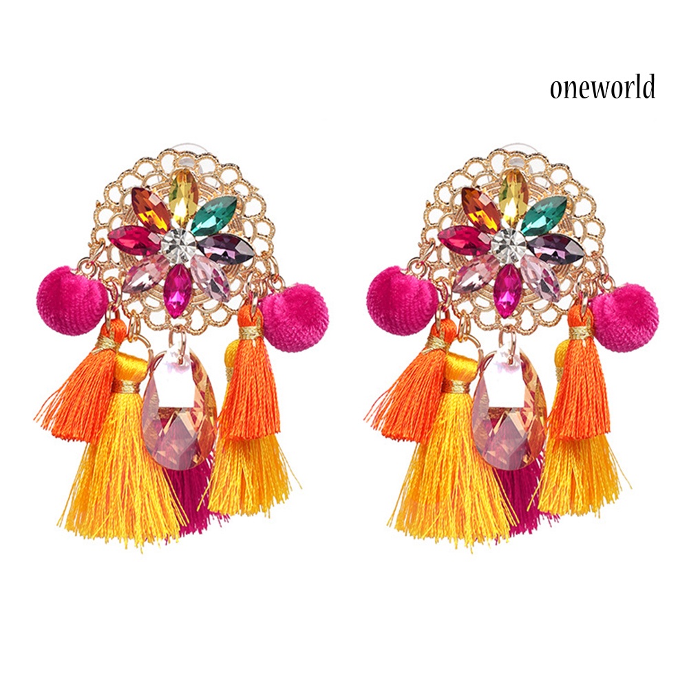 OW# Boho Women Rhinestone Tassel Pompom Dangle Stud Earrings Long Statement Jewelry