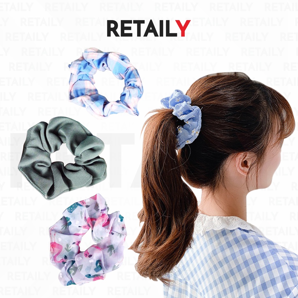 Retaily ACC167 Scrunchie Besar Motif Bunga Ikat Rambut Hijab Hairband Aesthetic Isi 8 Pcs Aksesoris Rambut