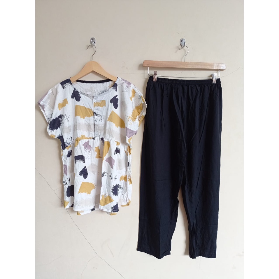 SETELAN BAJU TIDUR PIYAMA WANITA ONE SET PAJAMAS RUFFLE KANCING BUSUI CELANA PANJANG-BBR 39