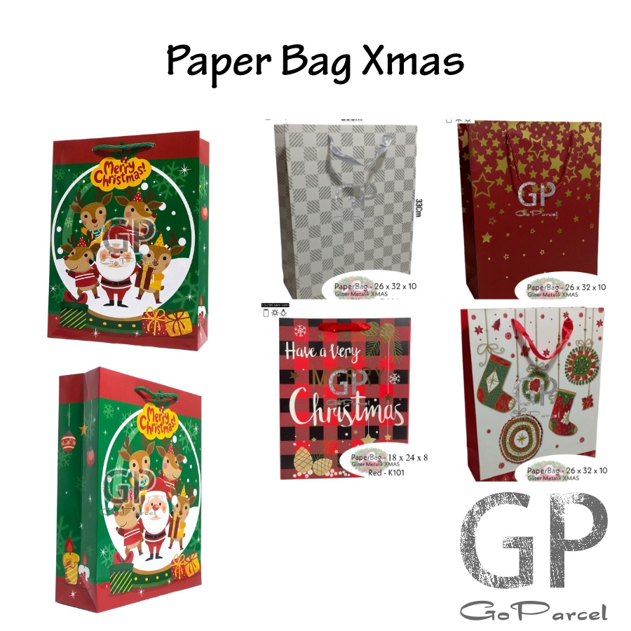 ( Ecer ) PAPER BAG NATAL - KANTONG PAPERBAG KERTAS XMAS / TAS JINJING MERRY CHRISTMAS MERAH / RED