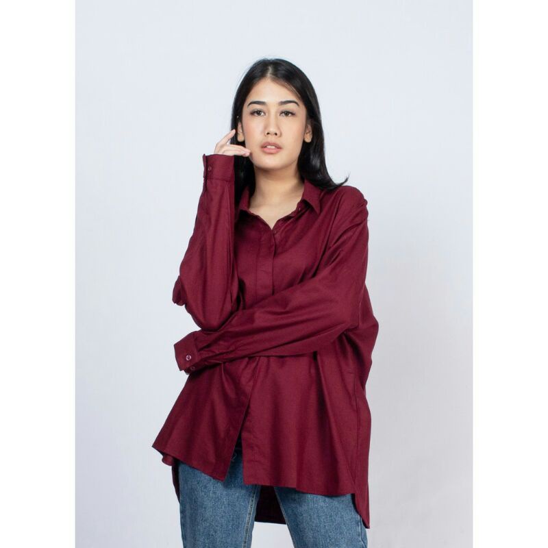 KEMEJA WANITA OVER SIZE FIT TO XXL RAYON TWILL-Maron
