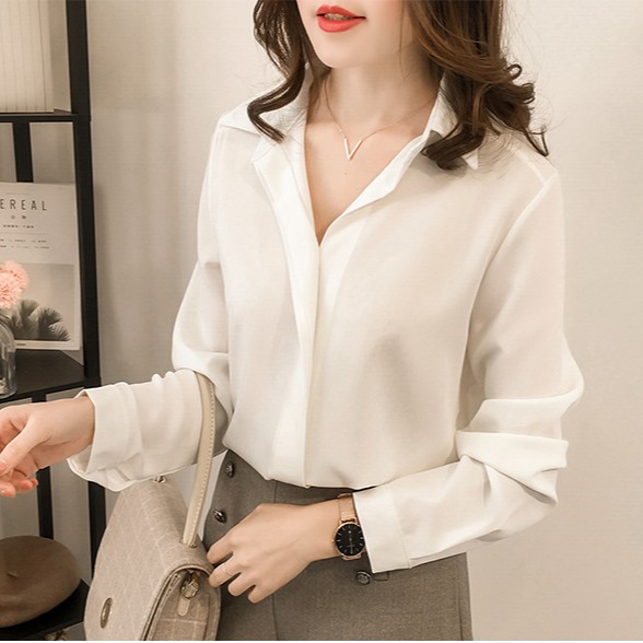 Versi Korea sederhana kemeja Lengan panjang wanita Atasan sifon Warna solid Tipis longgar-3