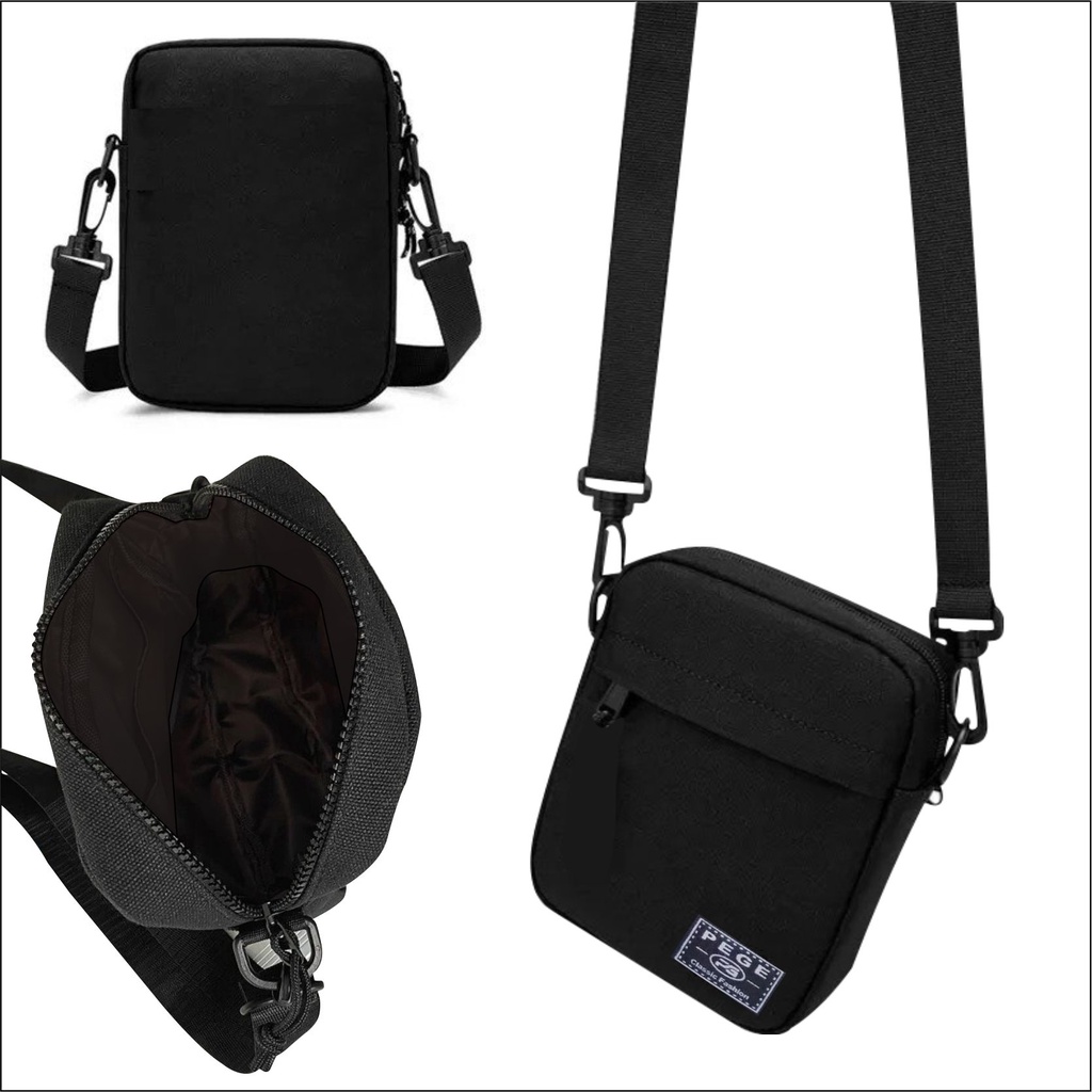 Tas Selempang Polos Hitam PEGE Slempang Bahu Pria Wanita Unisex Slingbag Kasual - PG 8864