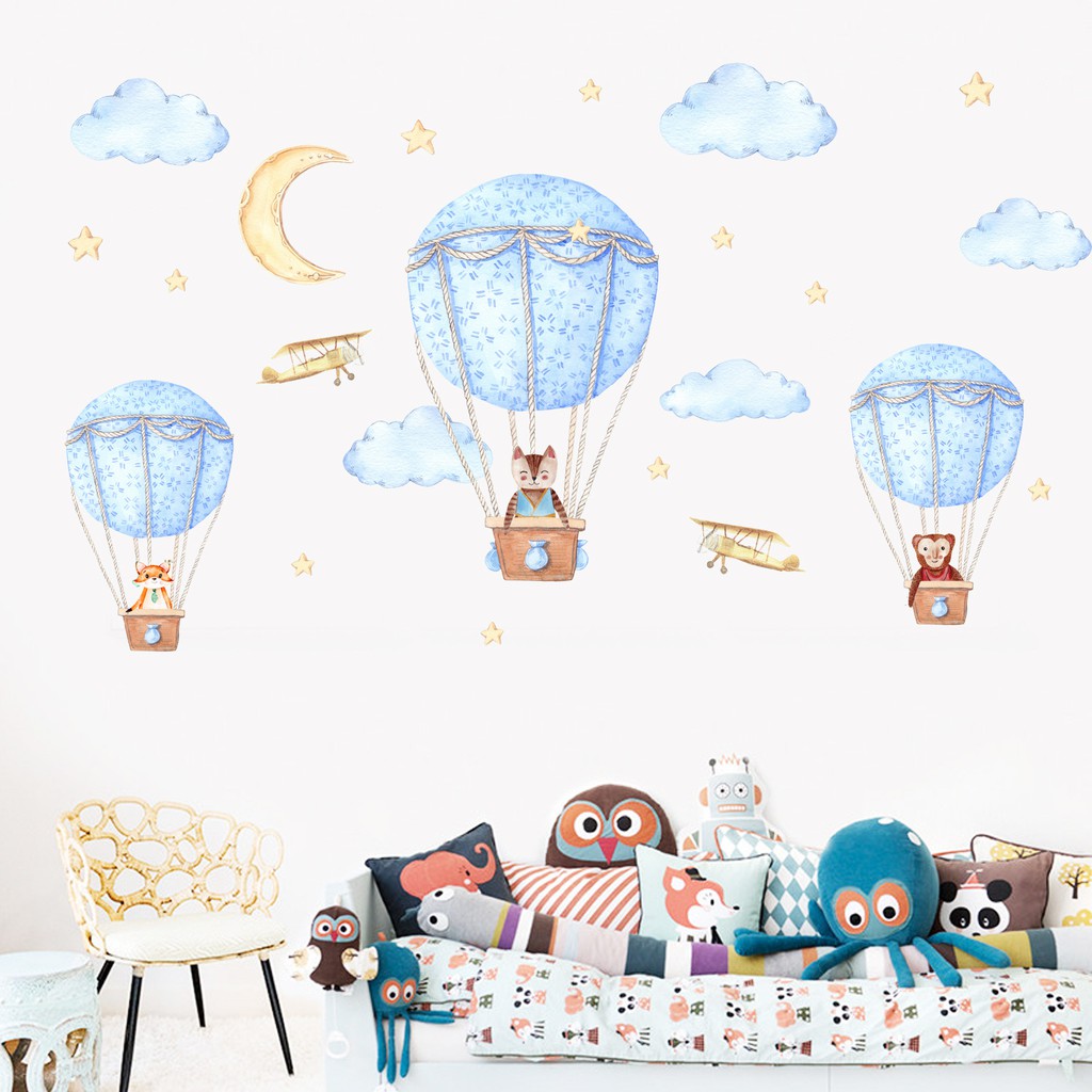 RELIZA WALL STICKER / STIKER DINDING BALON UDARA BIRU AWAN ANAK KIDS ANGKASA BULAN BINTANG JM7343