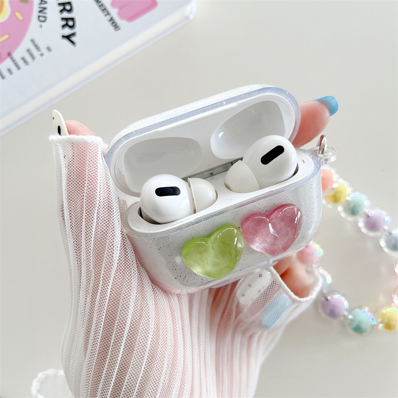 Casing Soft Case Silikon Motif Kartun Aksen Glitter + Strap Mutiara Untuk AirPods 1 / 2 / 3 Pro