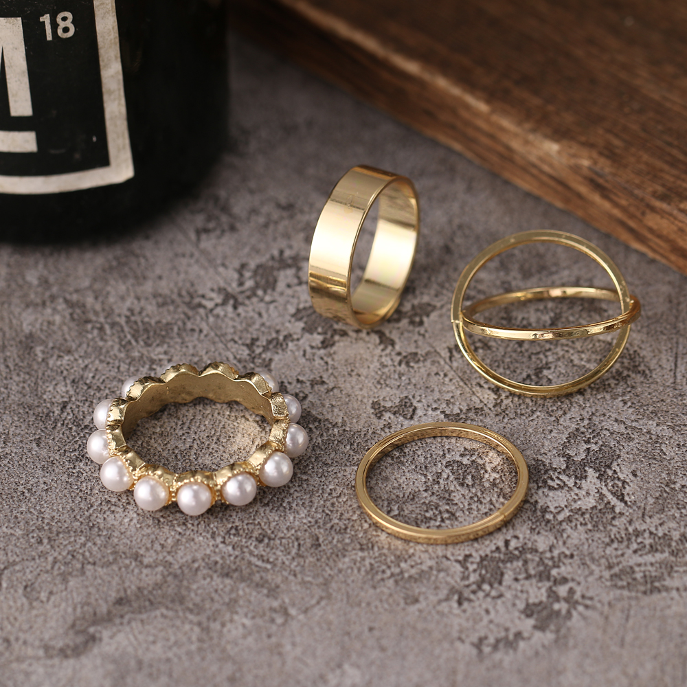 4 Pieces Set Pearl Ring for Women Korean Fashion Simple Ring Geometric Ring Jewelry Fashion Accessories