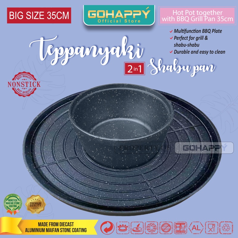 ALAT PANGGANG 2FUNGSI Gohappy Tepannyaki GHK40 BEST Grill pan BBQ 35CM Steamboat panci shabu shabu pan diatas kompor