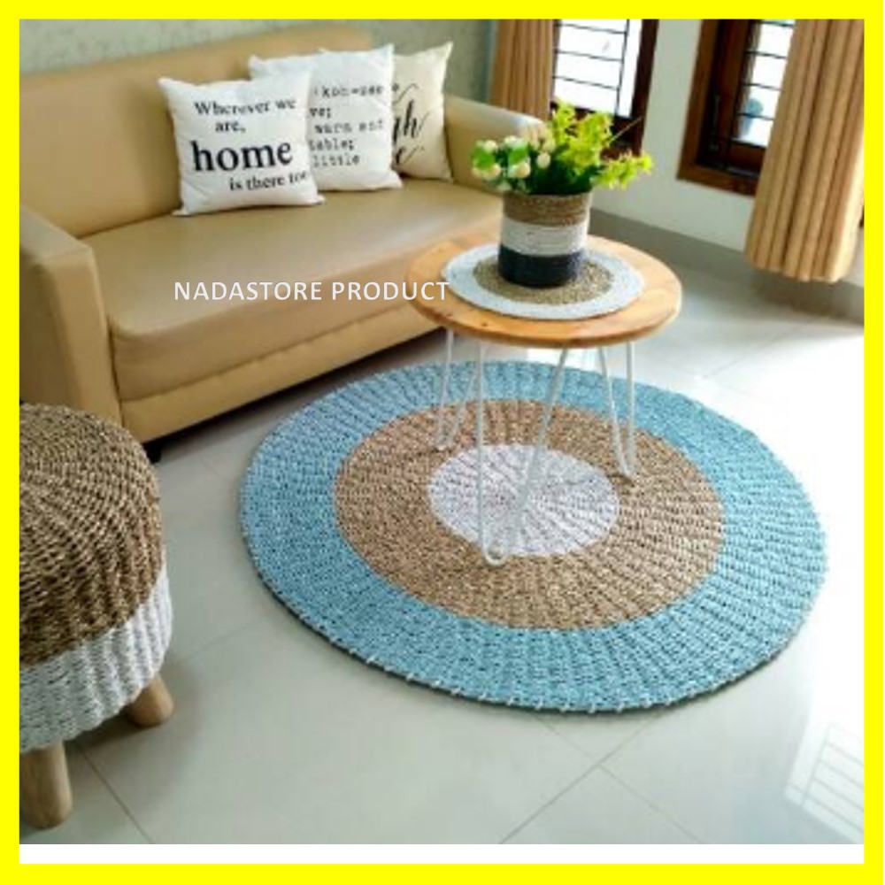 Rug seagrass Biru Mint 120 cm / Karpet Bulat / Tikar Anyaman / Karper Bulat