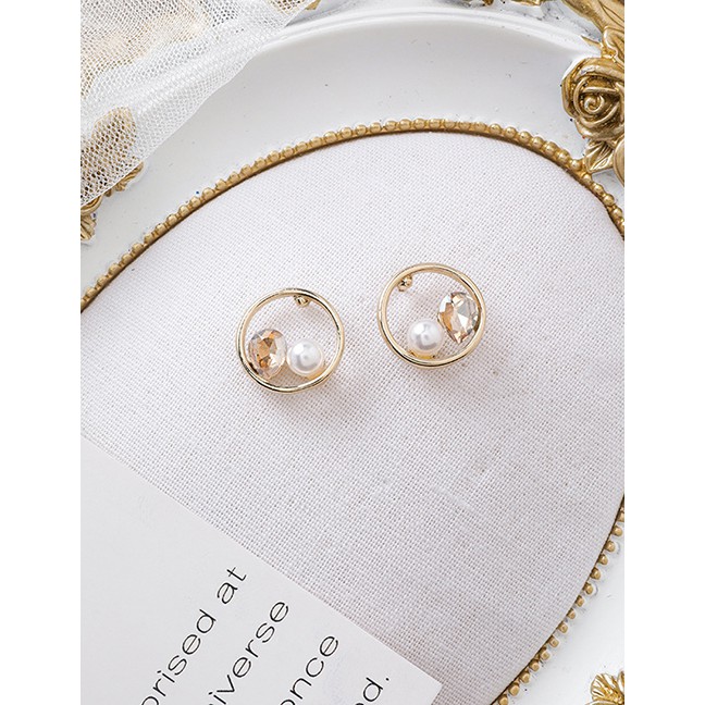 LRC Anting Tusuk Fashion Gold 925 Silver Needle Circle Rhinestone Artificial pearl Earrings D55238