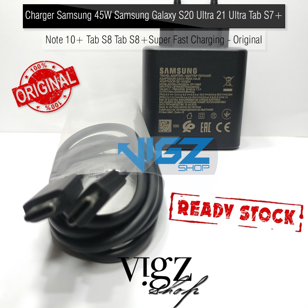 Charger Samsung 45W Samsung Galaxy S23 Ultra S23+ Tab S8 Tab S8+ Tab S9 Ultra Tab S9 Plus Tab S9 Original 100% S22 Ultra S22+ S20 Ultra Tab S7+ S10 Lite Note 10 Plus Super Fast Charging Original 100%