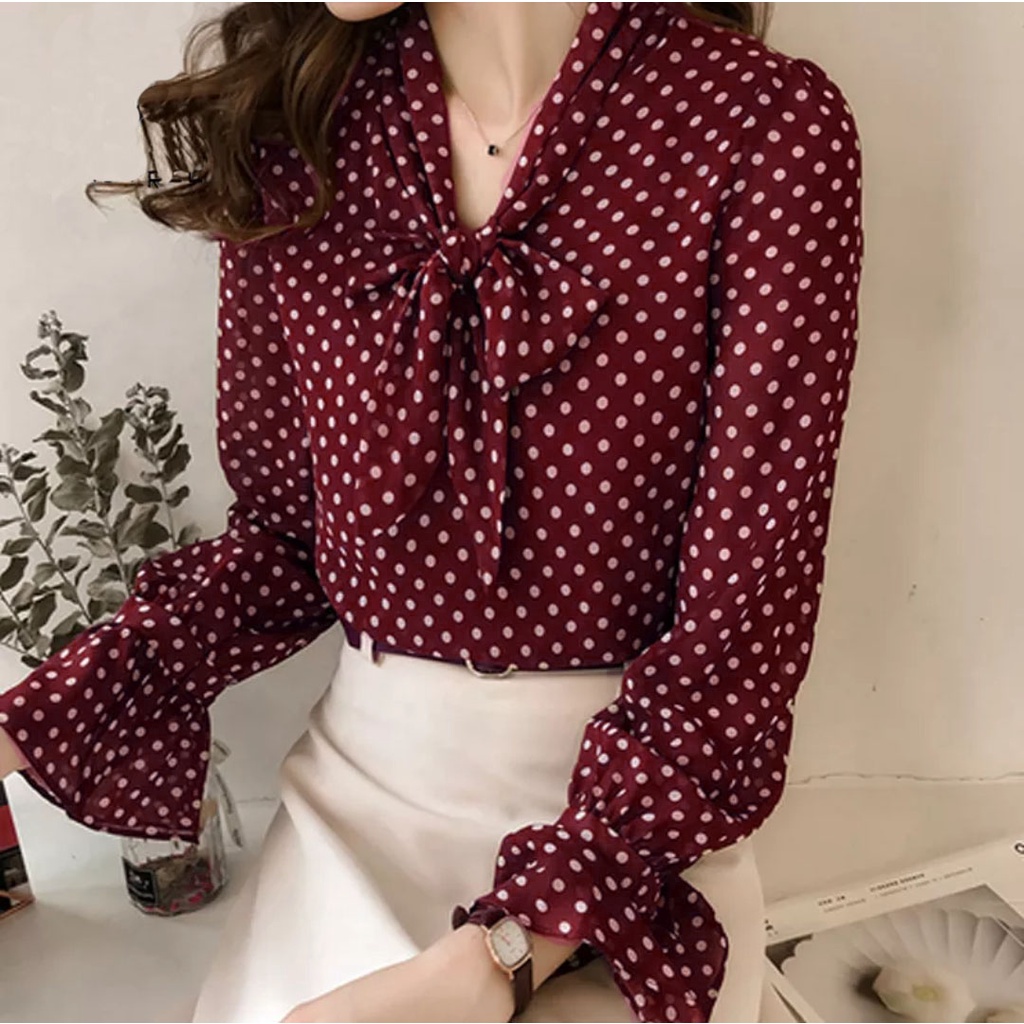 Atasan Wanita Lengan Panjang Polkadot / Blouse Polka Pita Tengah Bahan Adem 872